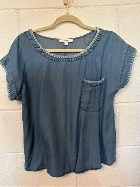 MINE Denim-Blue Scoop Neck Short Sleeve Tee with Pocket